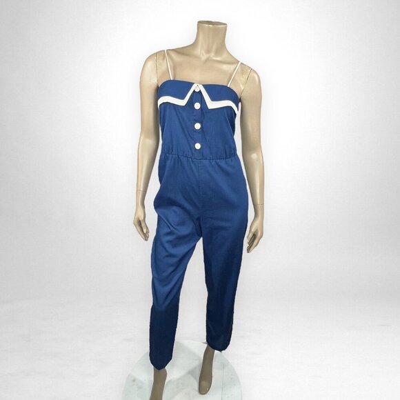 Vintage ENTOURAGE Small Blue and White Cropped Jumpsuit  Casual Summer Vacation‎ - Picture 1 of 7